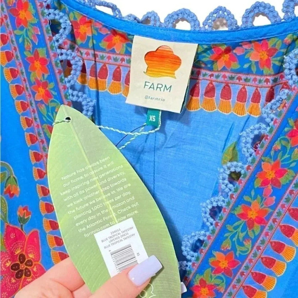 NWT Farm Rio Tropical Tapestry Blue Lace Layered Midi Summer Dress Size XS - Picture 11 of 11